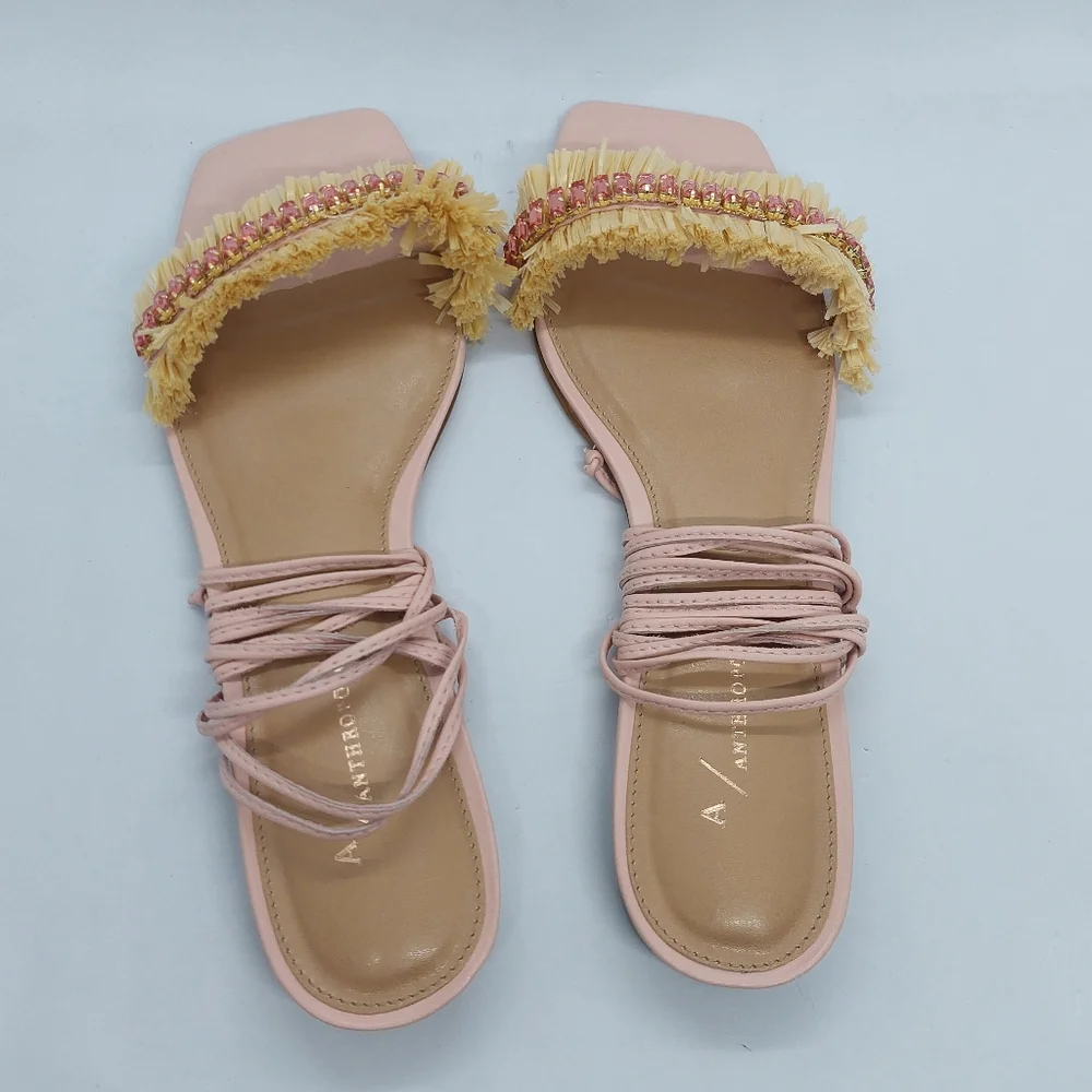 Anthropologie Embellished Tie Up Pink/Rose Raffia Square Toe Sandals Sz 39 US8.5